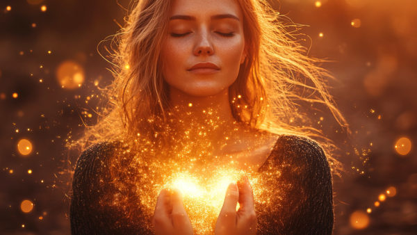 Man with radiant heart in golden light, gazing down. Warm tones, outdoor setting, sparks Man with radiant heart in golden light, gazing down. Warm tones, outdoor setting, sparks